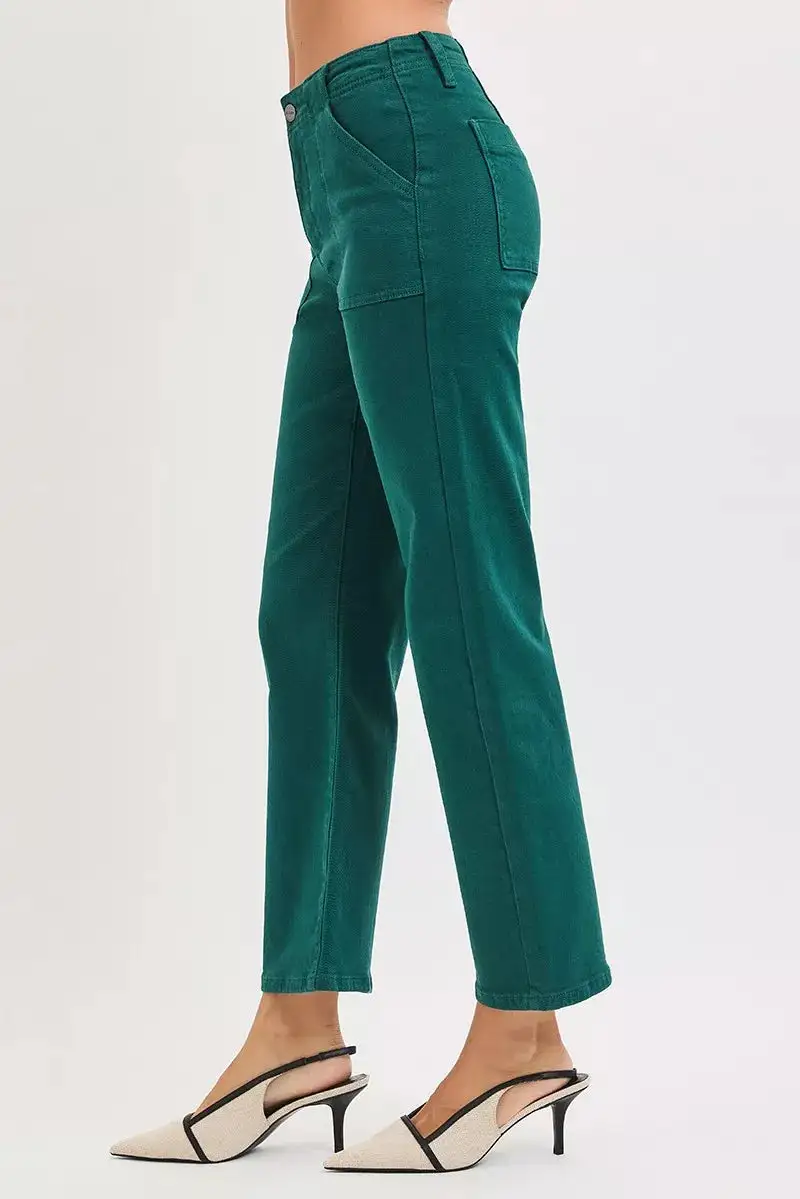 High Rise Ankle Flare Patch Pocket Jeans