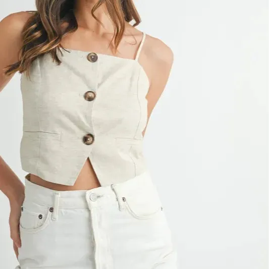 Linen Mix Button Down Tank Top Rayon Blend