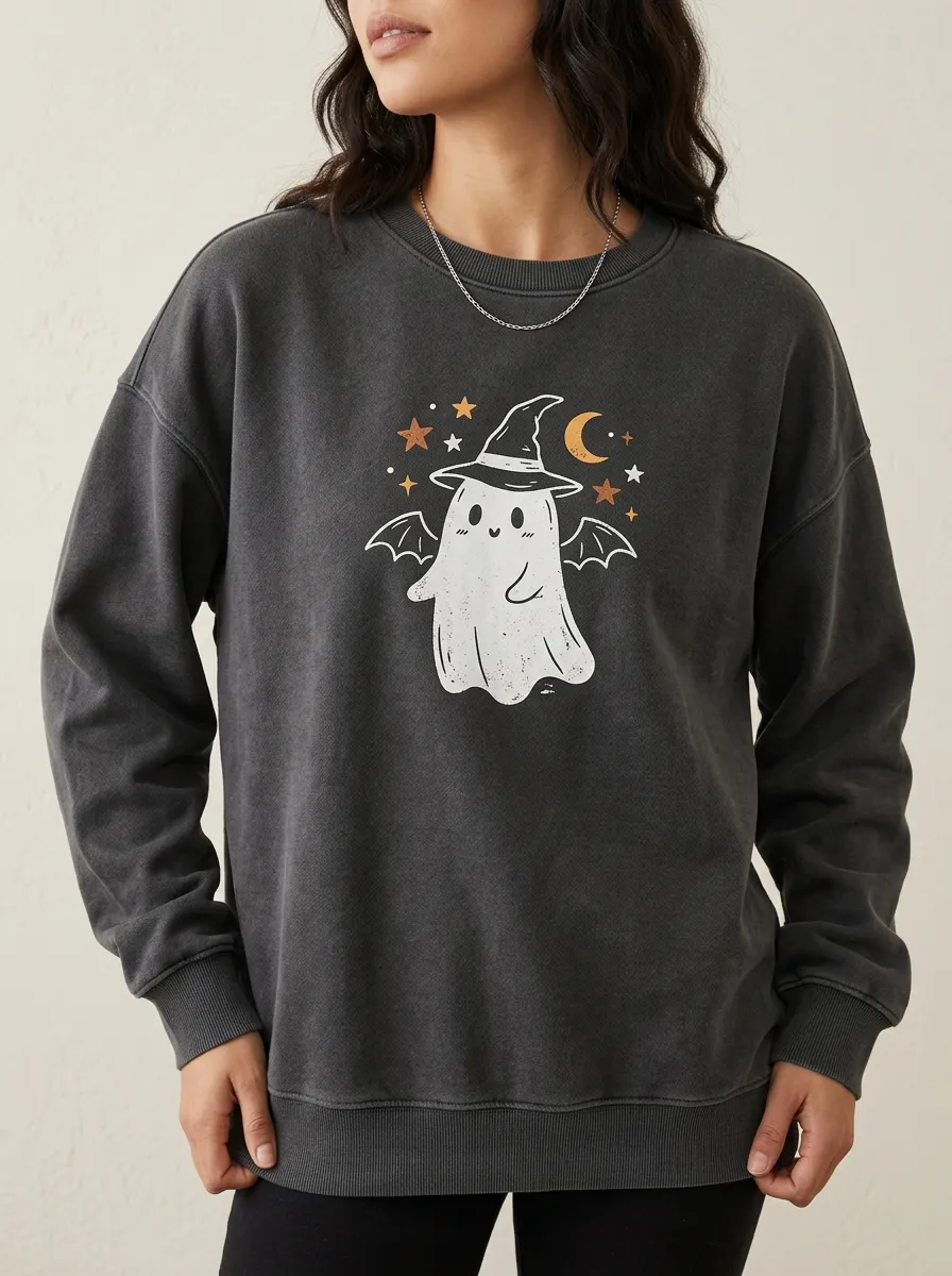 Women's Halloween Ghost Witch Bat Moon Stars Printed Sweatshirt