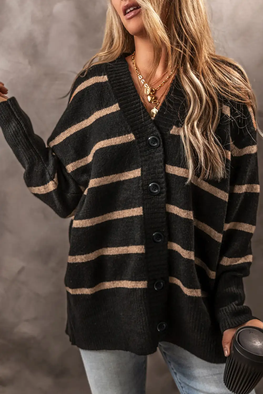 Easy Layer Striped Button Front V Neck Cardigan