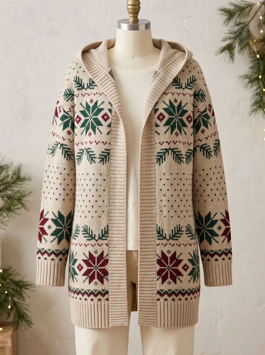 Festive Christmas Snowflake Pine Tree Pattern Print Hooded Cardigan