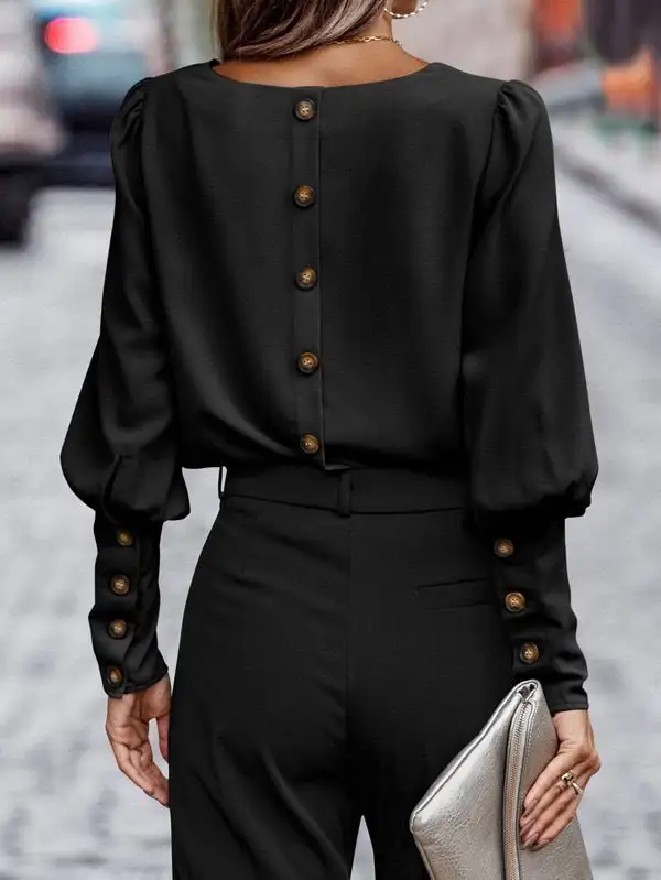 Button Back Puff Sleeve Blouse