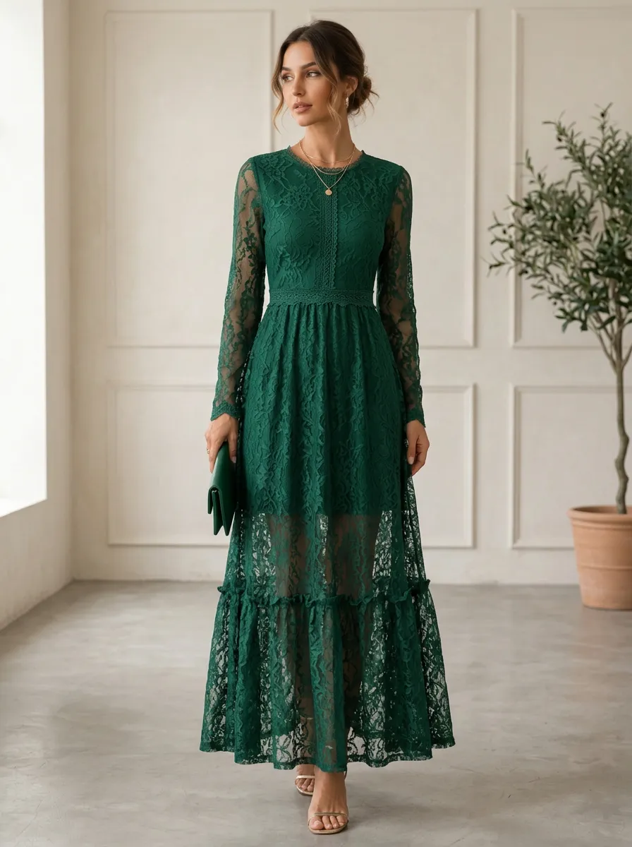 Women's Elegant Formal Emerald Green Floral Lace Printed Maxi Dress