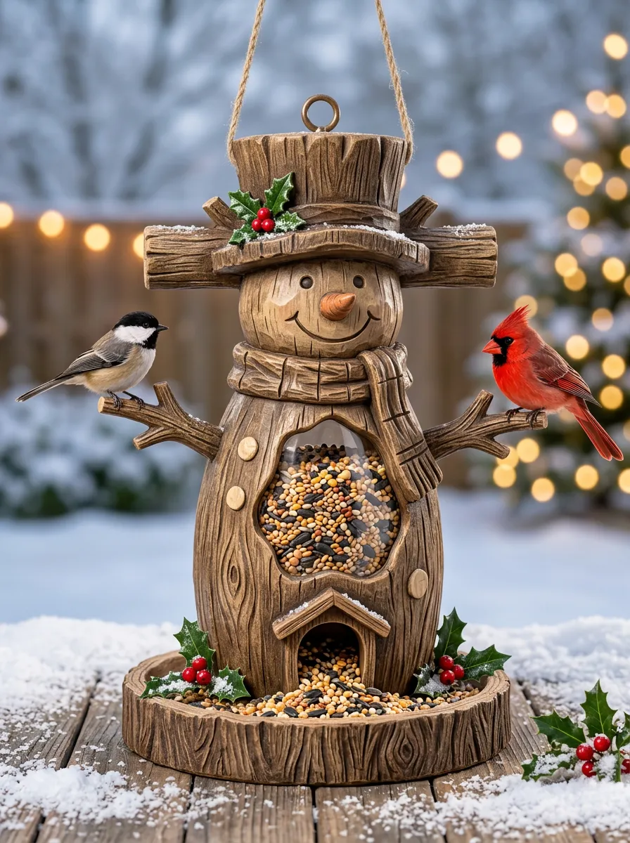 Snowman Wood Grain Christmas Bird Feeder