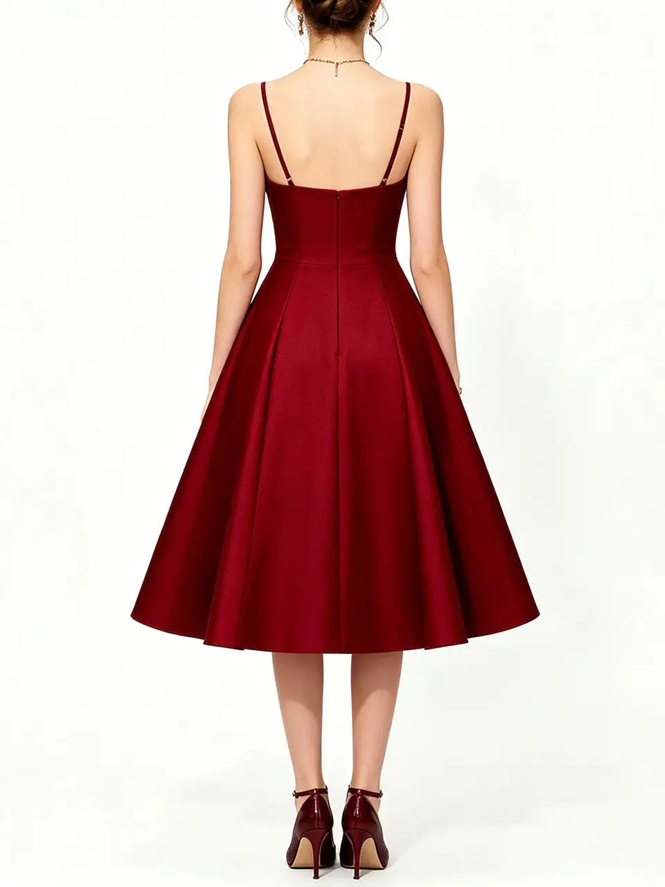 Satin Spaghetti Strap Party Prom Midi Dress