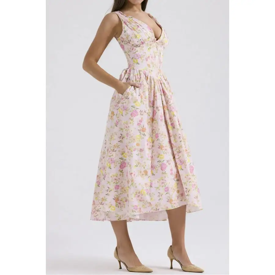 V-Neck Sleeveless Midi Dress with Pockets