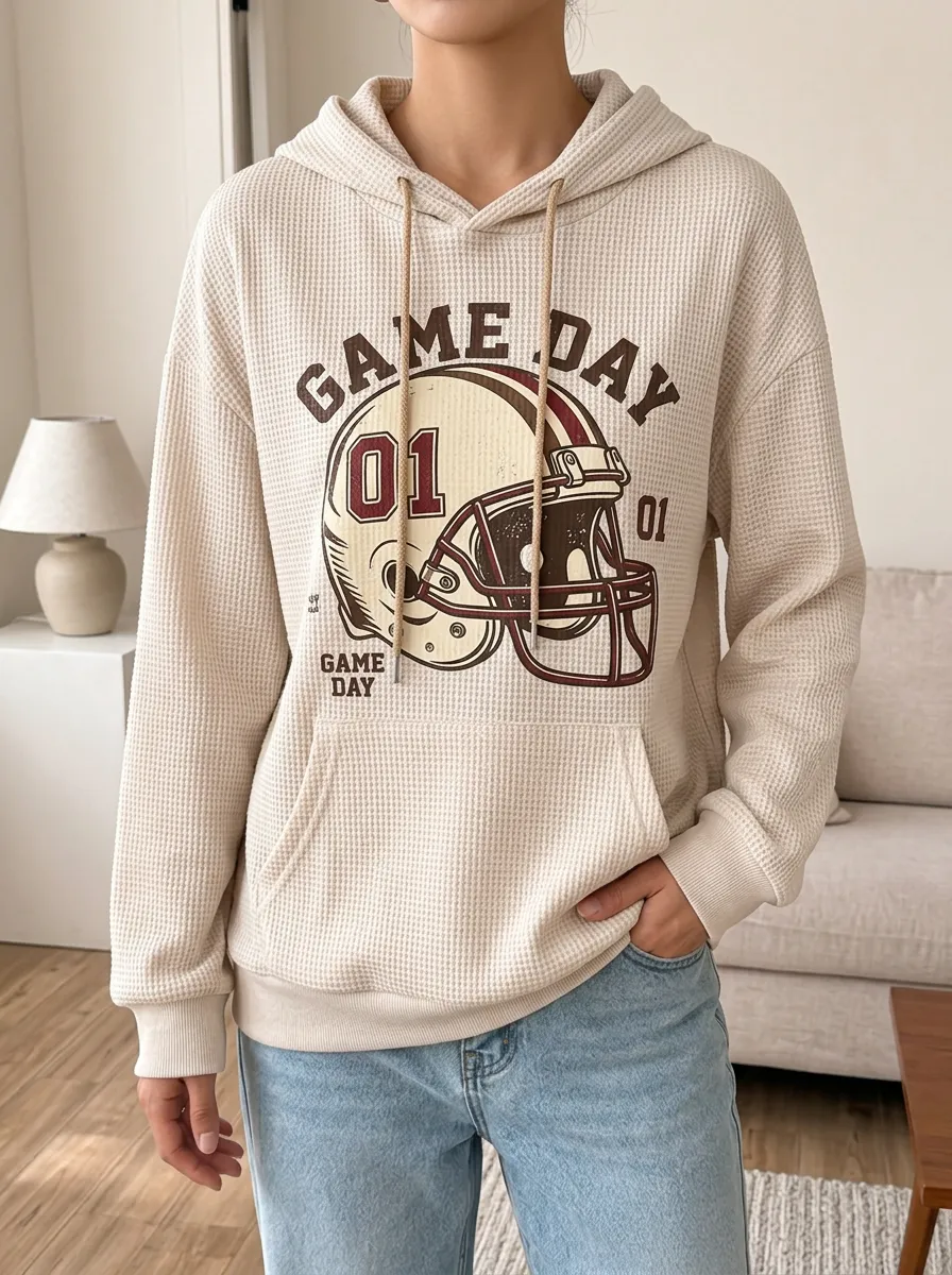 Women's Sideline Football Fan Game Day Helmet Printed Waffle Hoodie