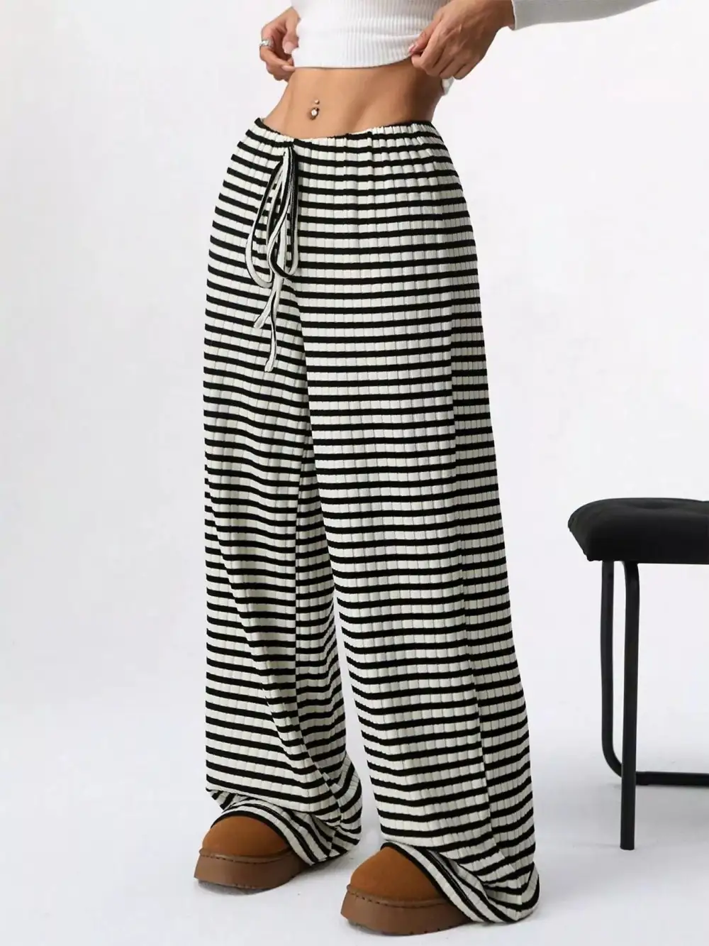 Striped Ribbed Knit Drawstring Waist Wide Leg Pants