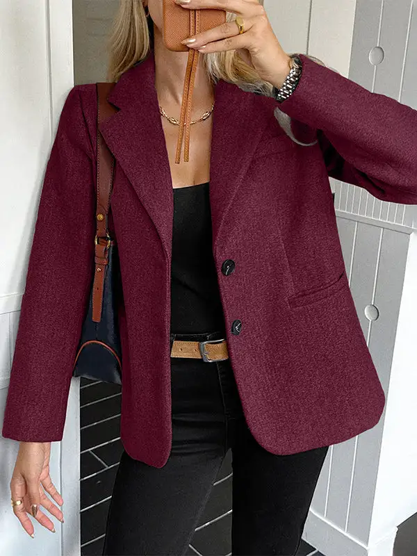 Long Sleeve Button Front Pocket Solid Color Notched Jacket