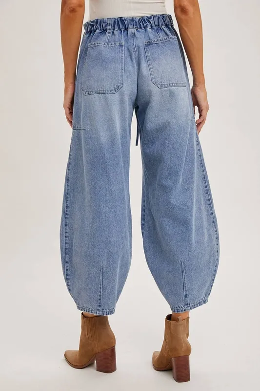 Blue Drawstring Barrel Jeans