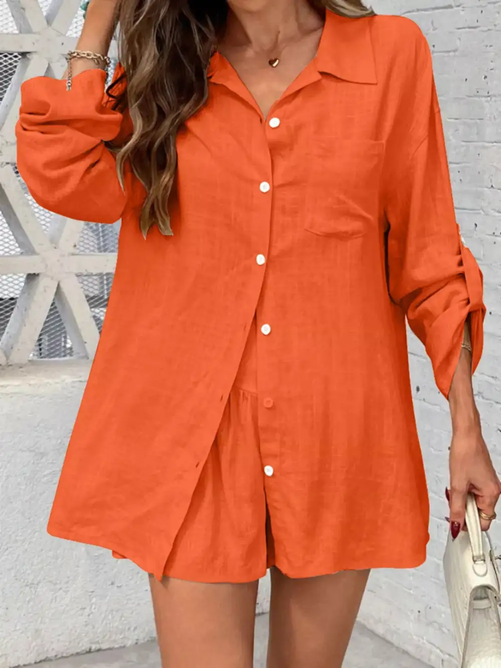 Button Up Roll Up Sleeve Shirt Shorts Set