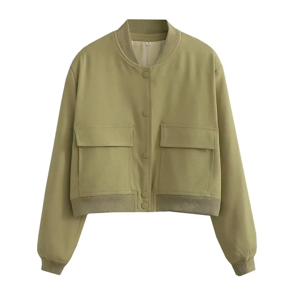 Cropped Snap Front Patch Pocket Ribbed Trim Bomber Jacket
