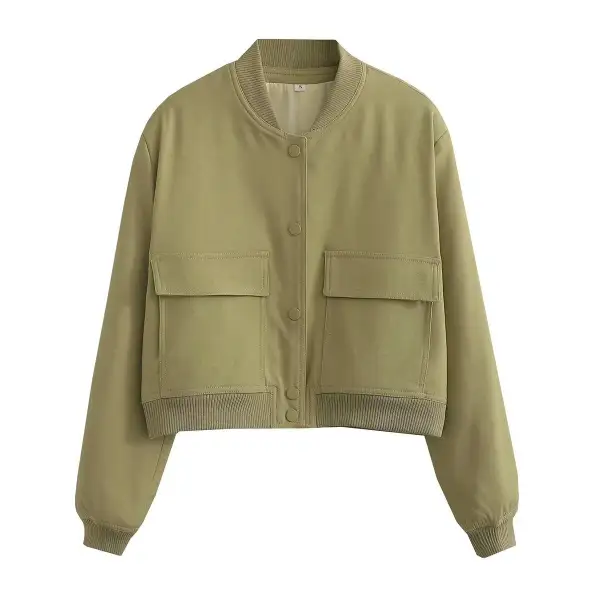 Cropped Snap Front Patch Pocket Ribbed Trim Bomber Jacket