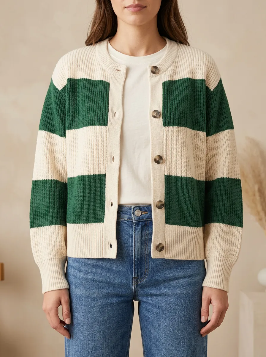 Retro Sport Distinctive Rugby Striped Knit Cardigan