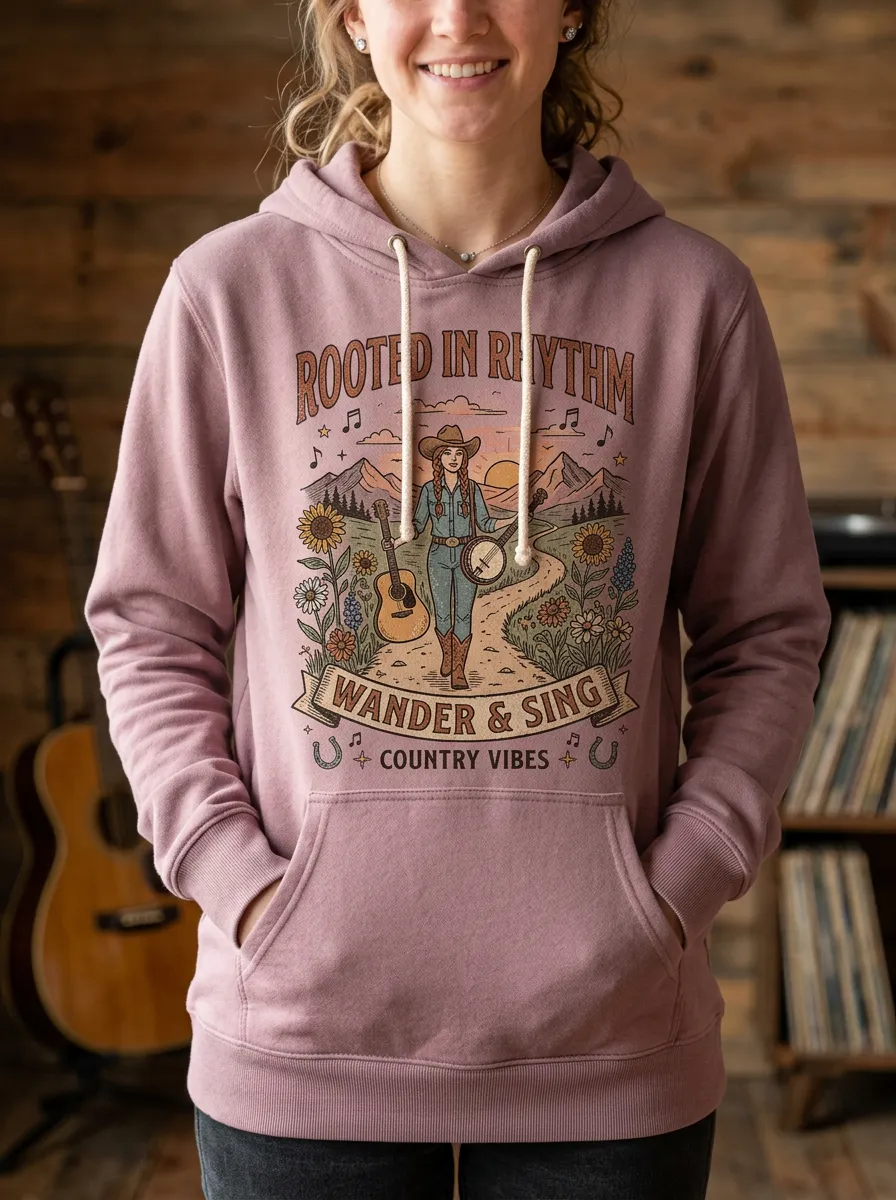 Banjo Guitar Cowgirl Country Music Graphic Hoodie