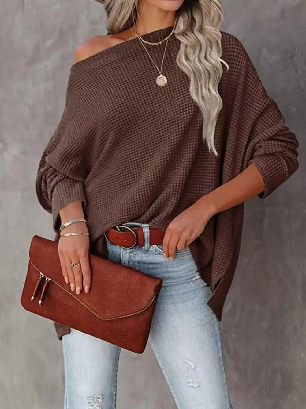 Waffle Knit Boat Neck Sweater