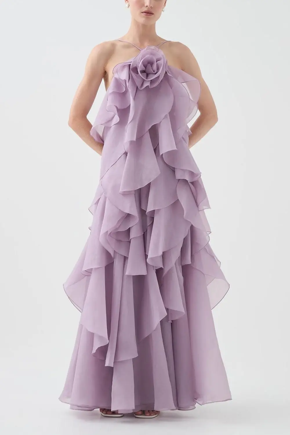3D Flower Halter Neck Frill Maxi Dress