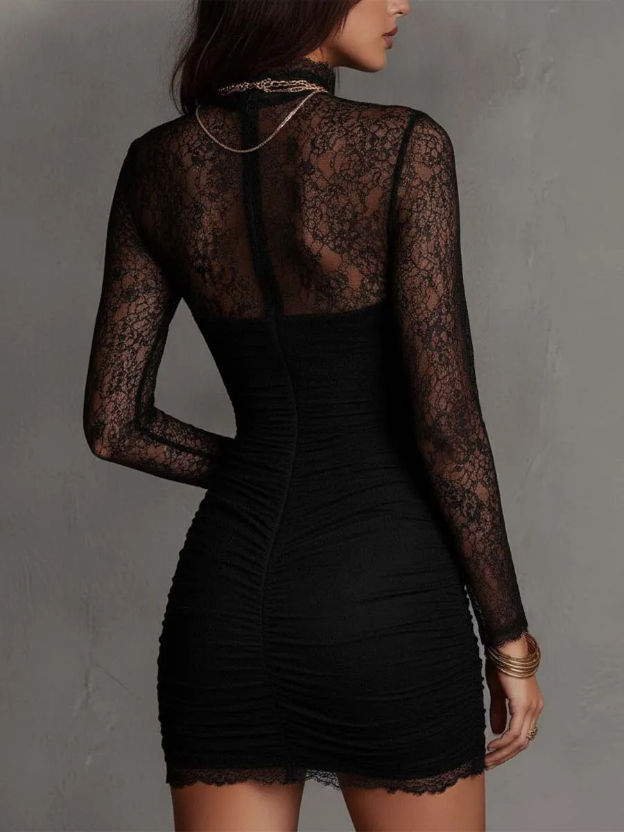 Vintage Black Floral Lace Mock Neck Ruched Bodycon Mini Dress