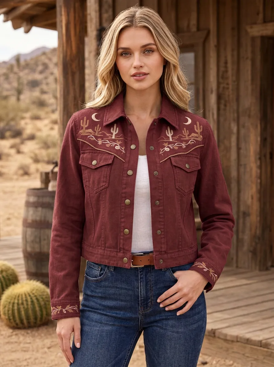 Women's Western Cactus Desert Moon Embroidered Denim Jacket