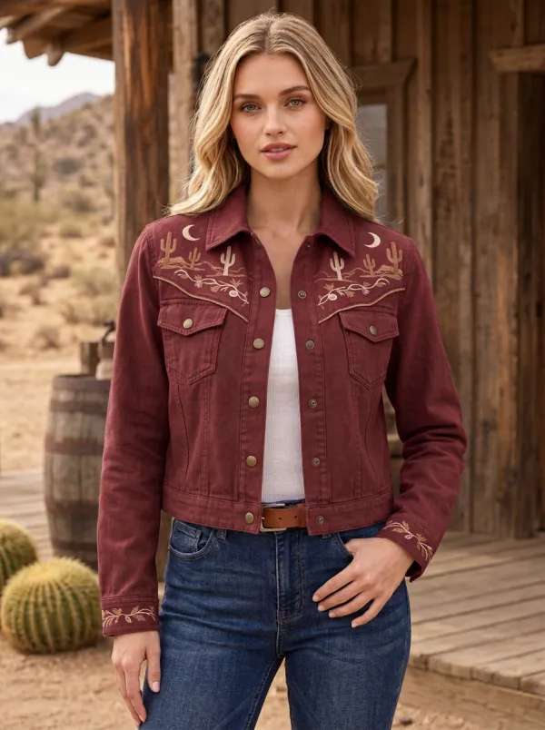 Women's Western Cactus Desert Moon Embroidered Denim Jacket