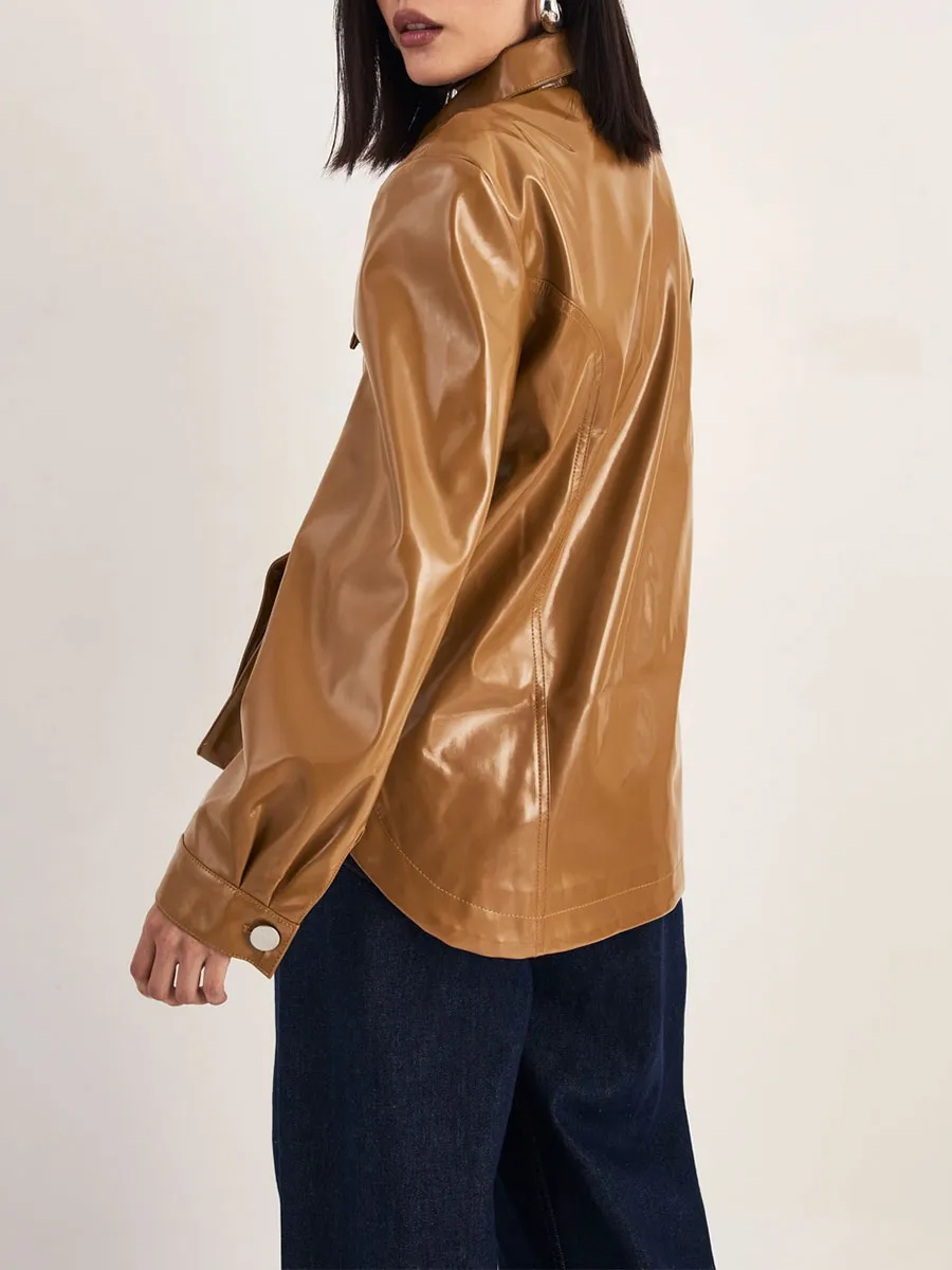 Women's Oversized Shiny Leather Collared Jacket