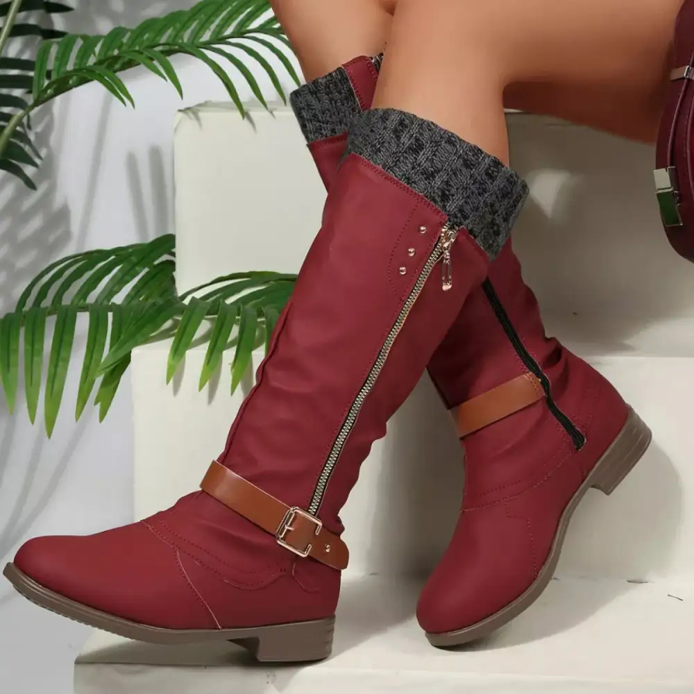 Ruffled Round Toe Block Heels Boots