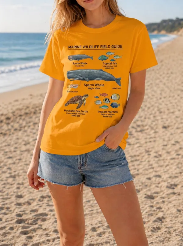 Women's Marine Biology Lover Sperm Whale Sea Turtle Printed T-shirt