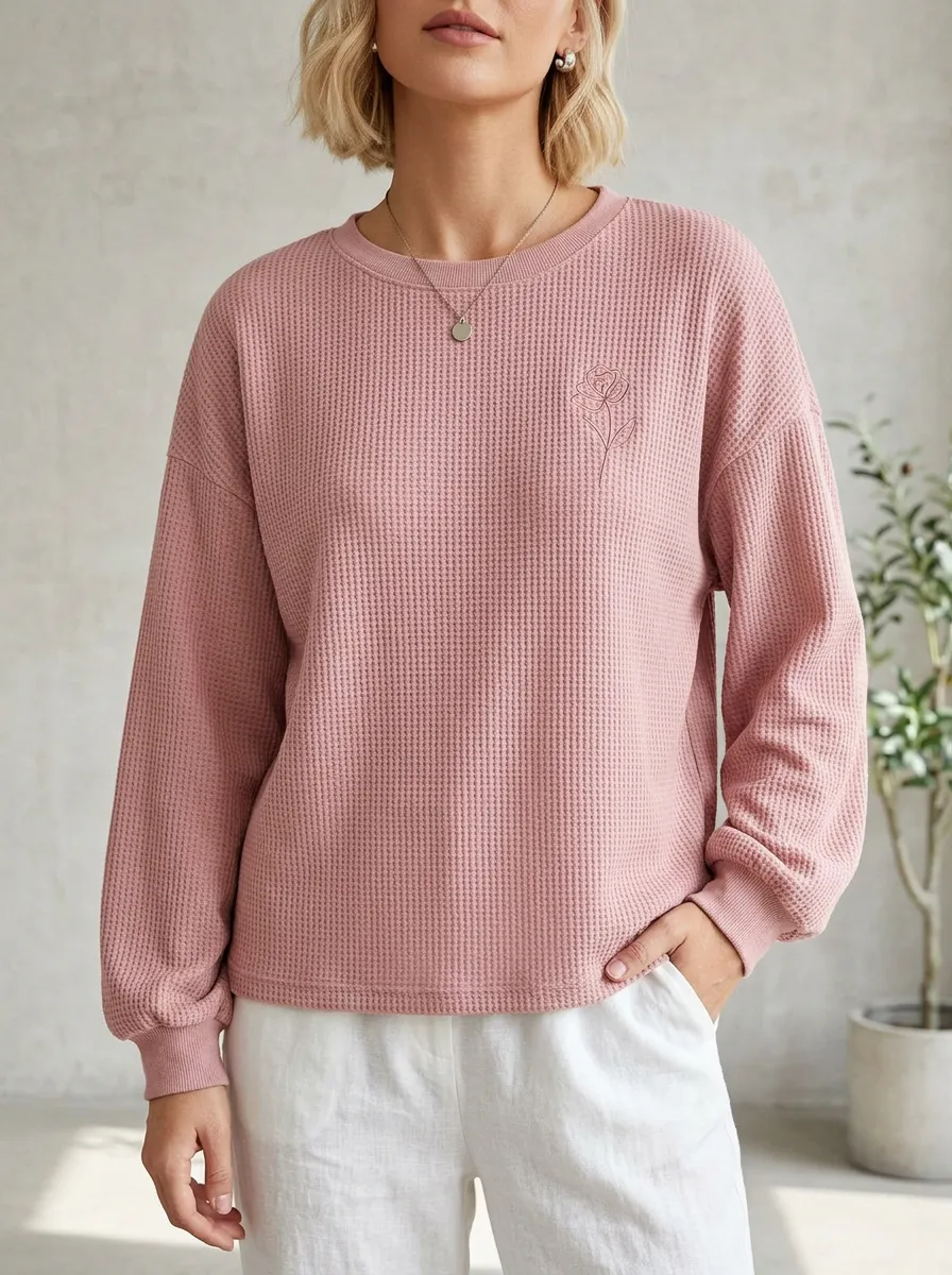 Women's Minimalist Floral Rose Embroidered Waffle Knit Sweatshirt