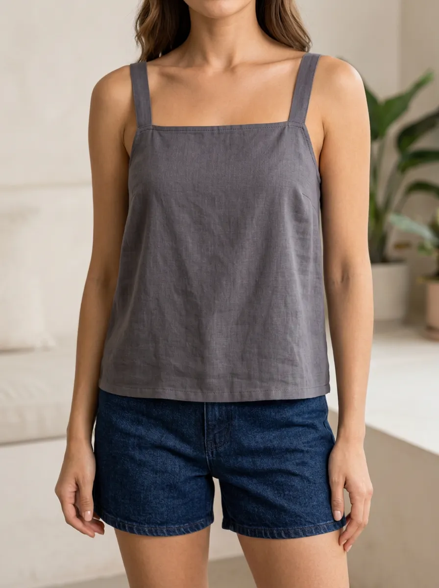 Women's Square Neck Wide Strap Linen Relaxed Camisole Top