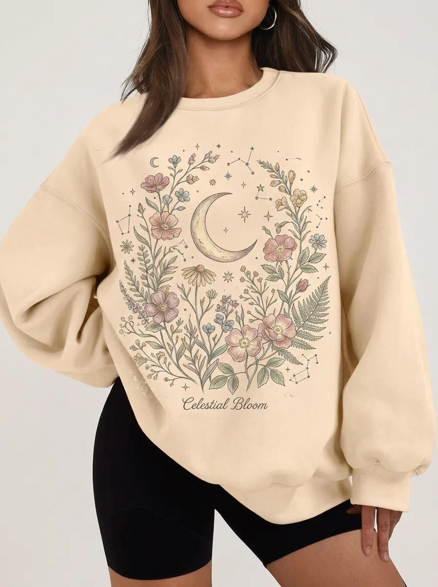 Women's Celestial Moon Floral Botanical Printed Sweatshirt