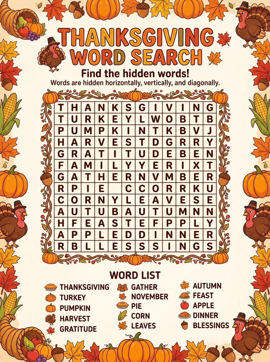 Kids Thanksgiving Harvest Pumpkin Word Search Poster