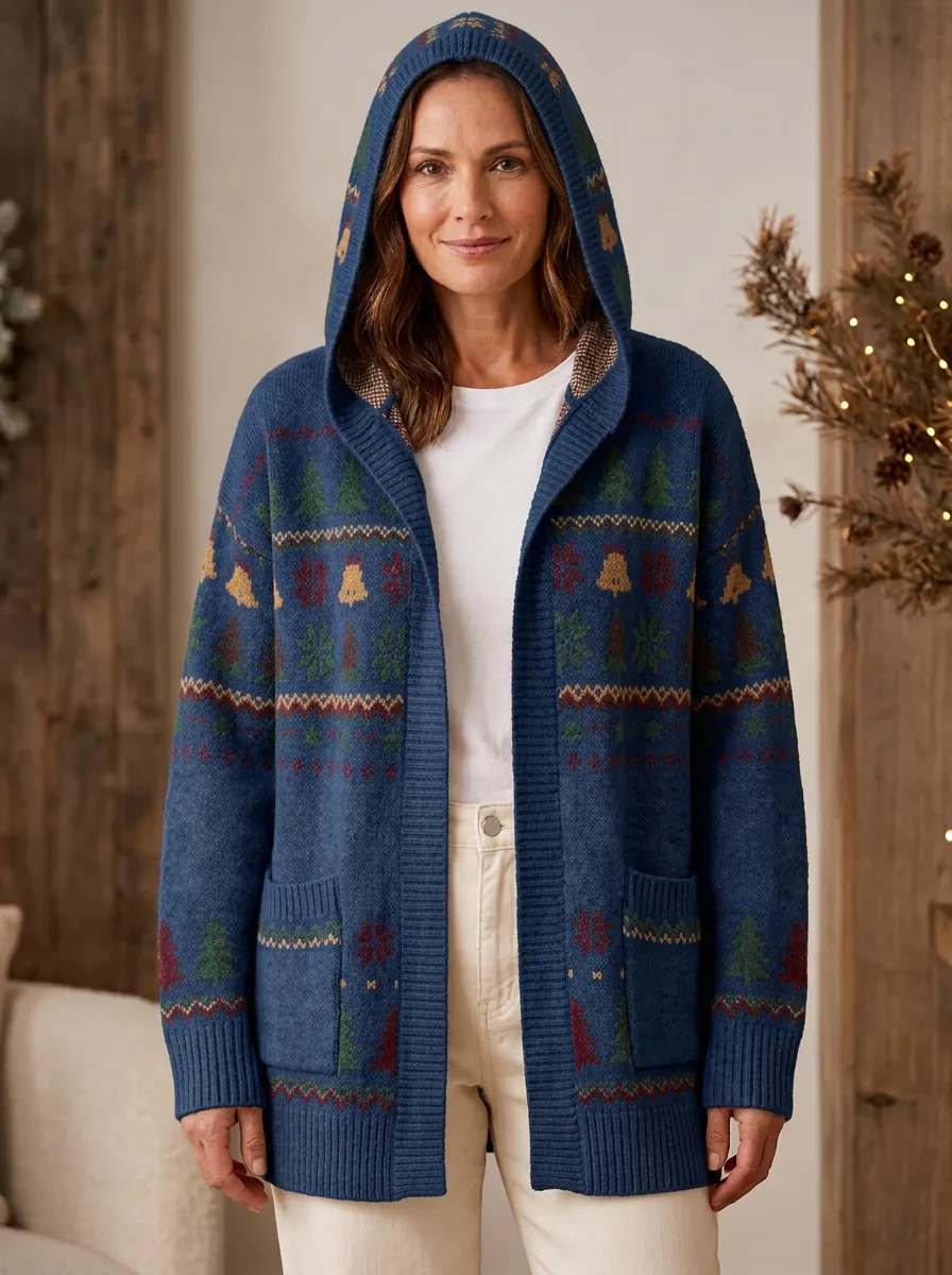 Christmas Holiday Tree Bell Pattern Print Hooded Cardigan