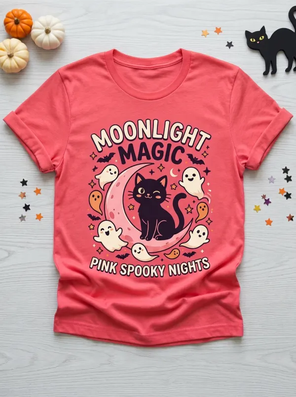 Ghost -Cat Moon Halloween Graphic T-Shirt