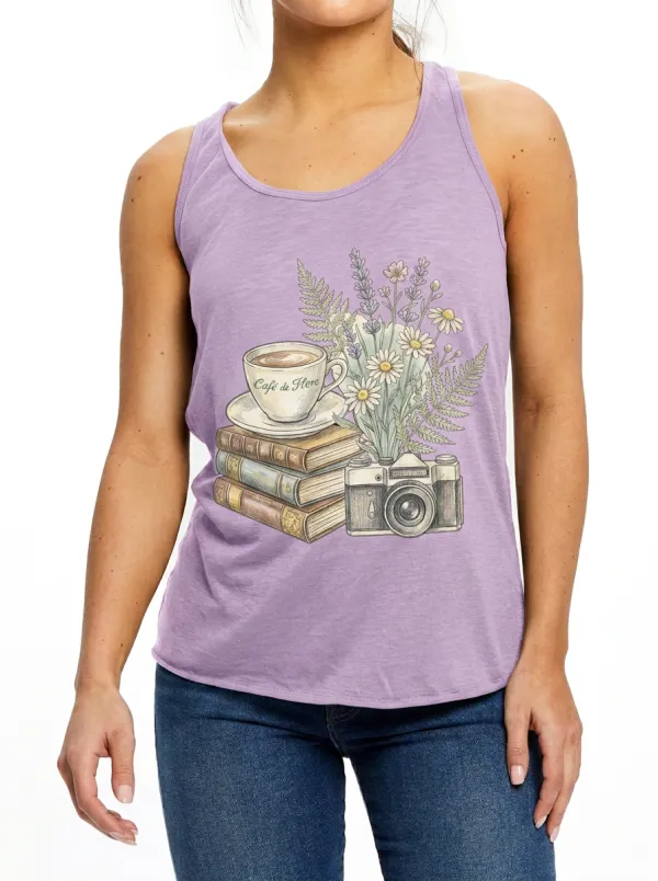 Women's Coffee Book Camera Flower Printed Tank Top