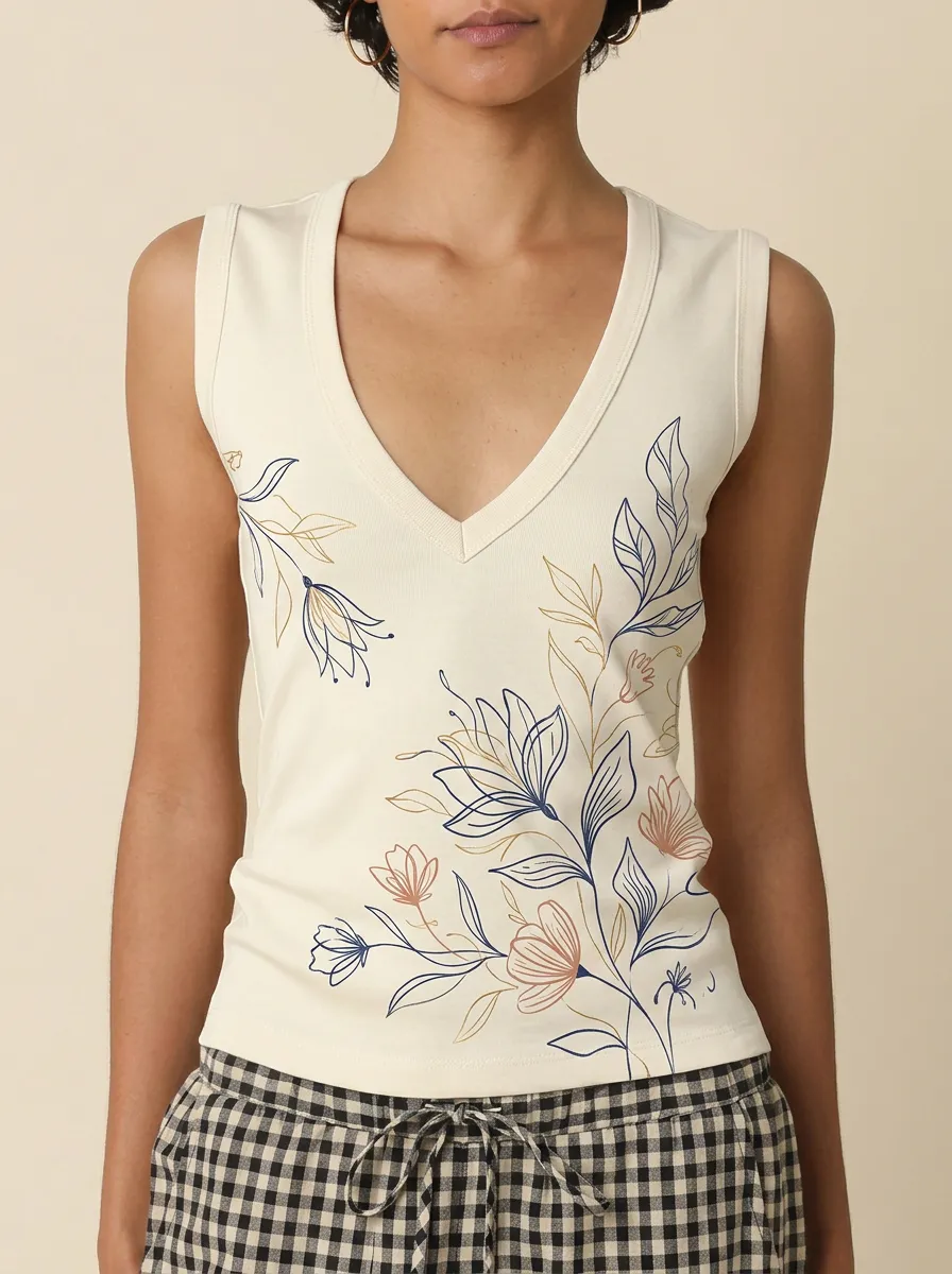Women's Botanical Floral Line Art Printed V-neck Tank Top