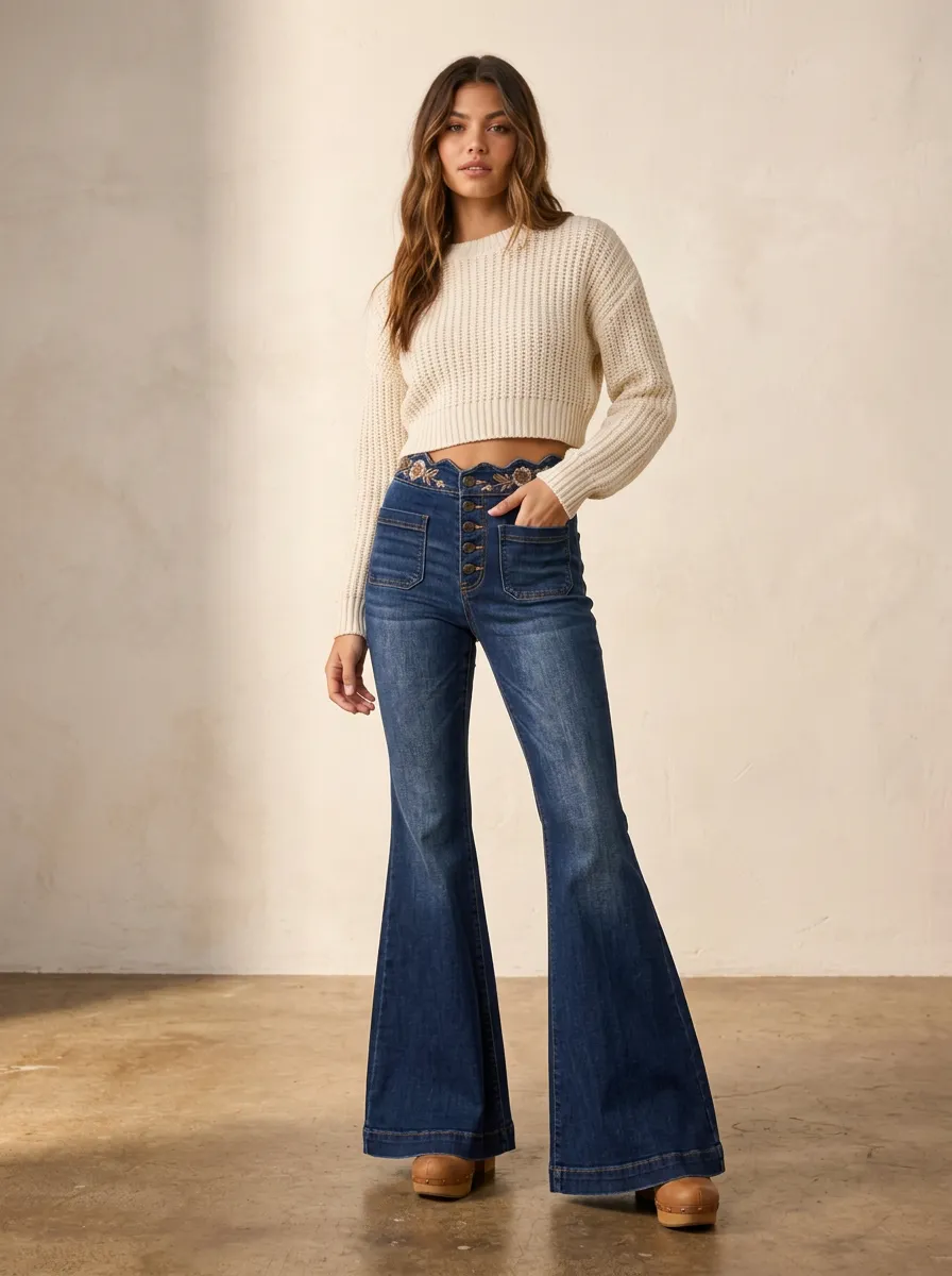 Women's Vintage Floral Embroidered High-Waisted Button-Down Flare Jeans