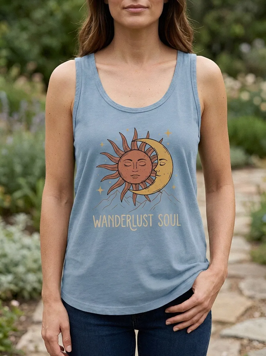 Women's Wanderlust Soul Celestial Sun Moon Printed Tank Top