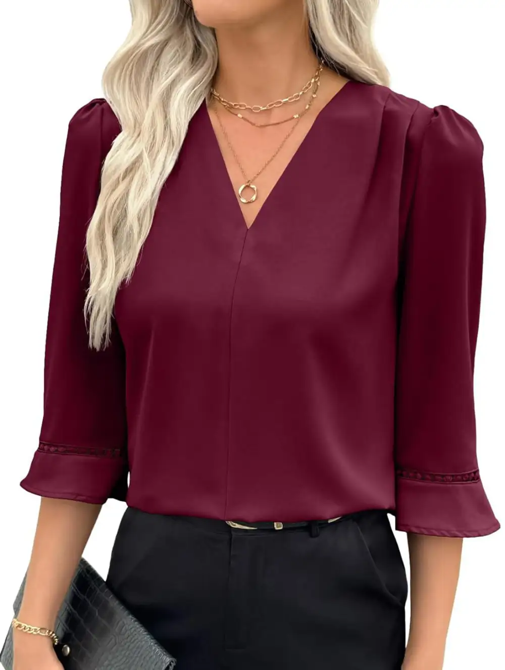 V Neck Office Three Quarter Sleeve Blouse