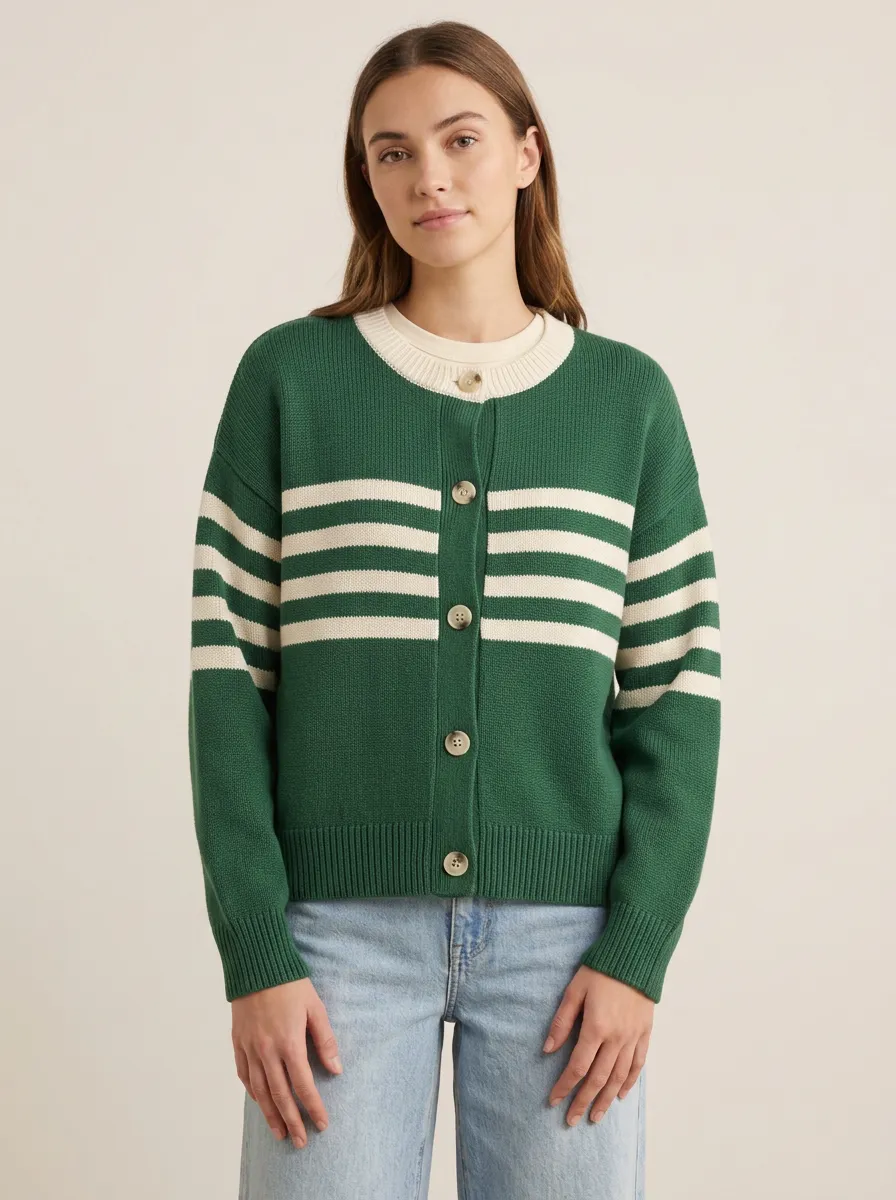 Relaxed Distinctive Rugby Striped Knit Cardigan