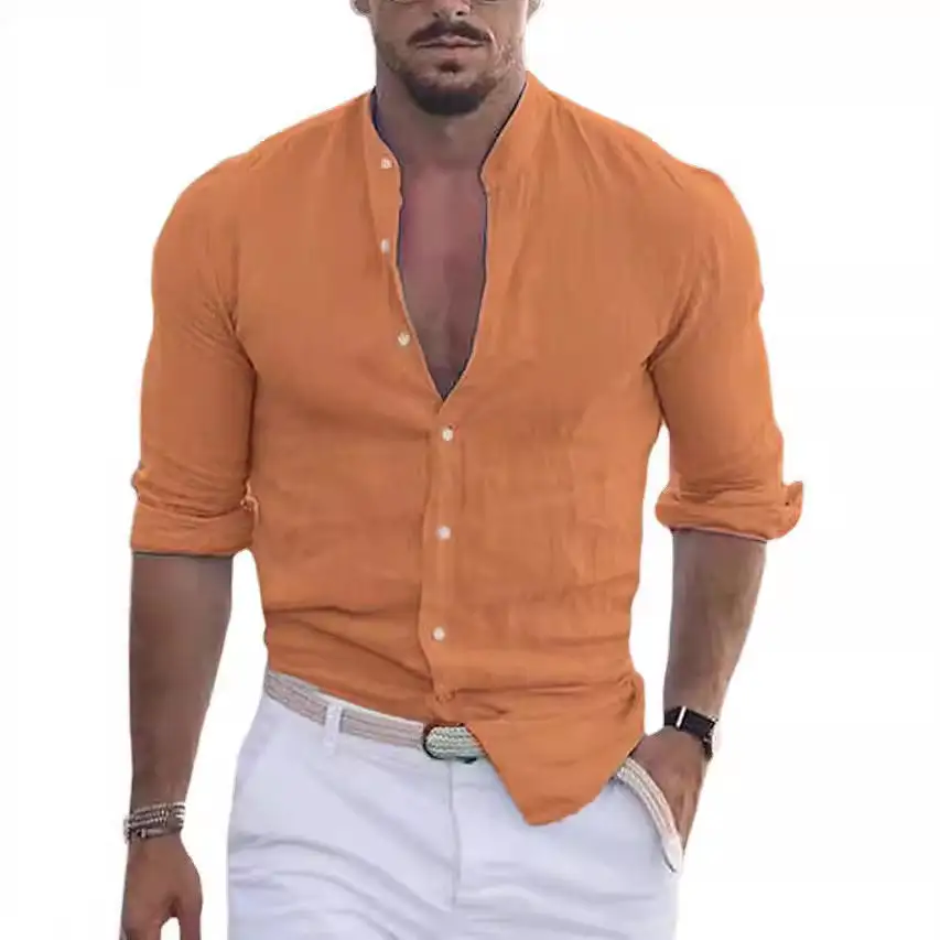 Men's Casual Linen Shirt With Modern Stand-up Collar And Roll-up Sleeves