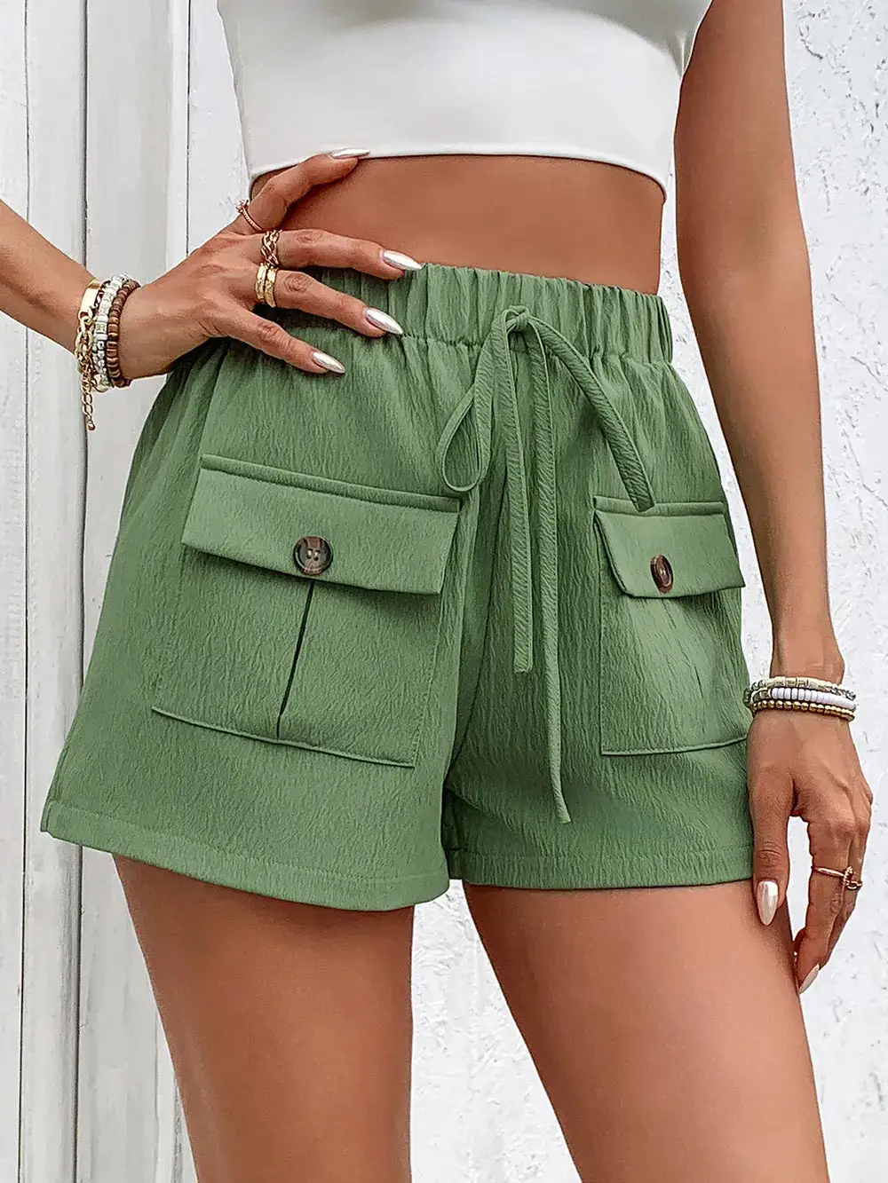 Polyester Tied Elastic Waist Shorts With Pockets
