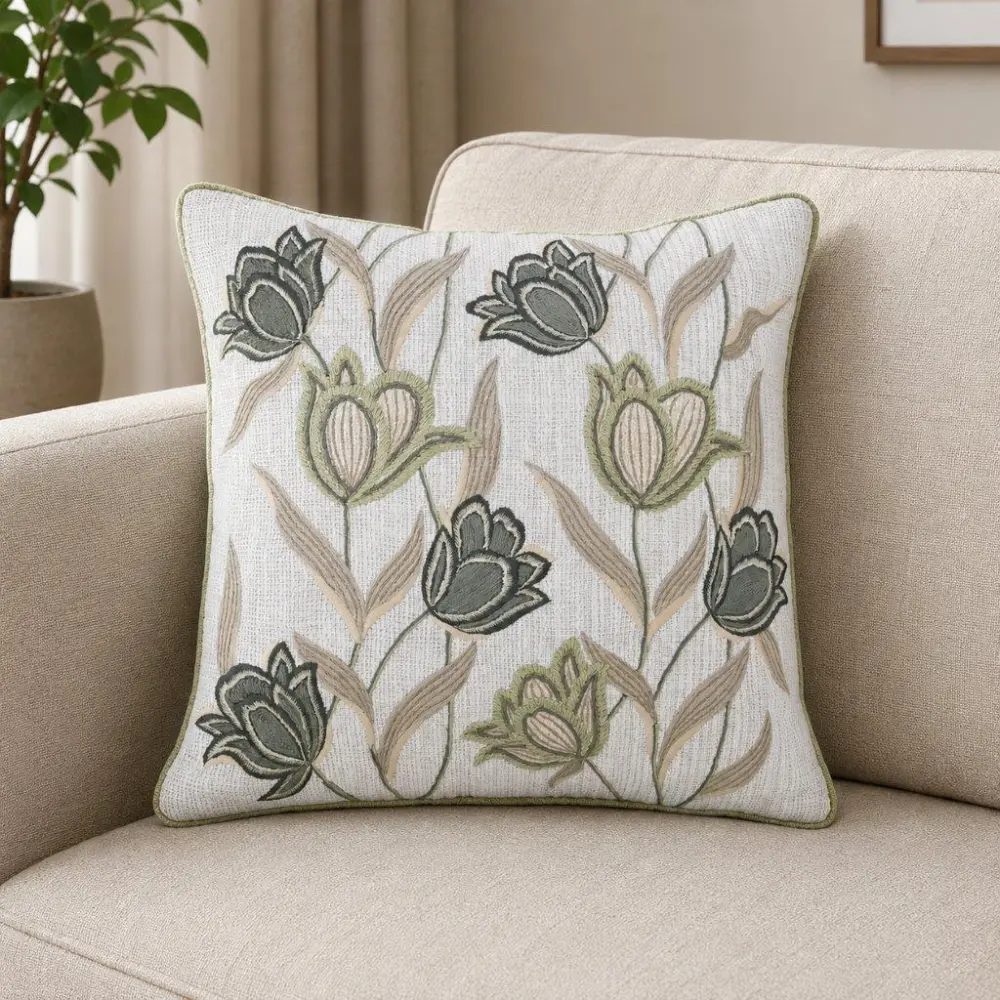 Embroidered Floral Botanical Decorative Cushion Cover