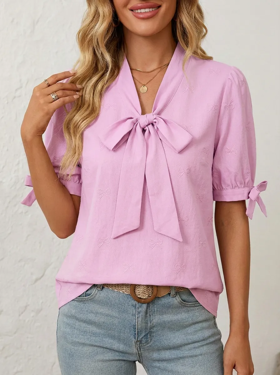 Women's V-neck Tie-neck Tie Cuff Blouse