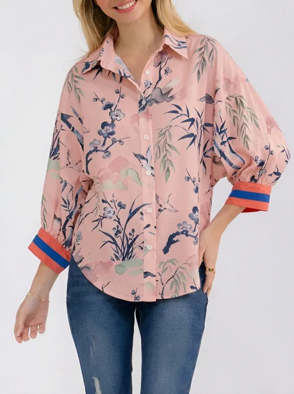 Women's Oriental Floral Crane Printed Button-up Shirt