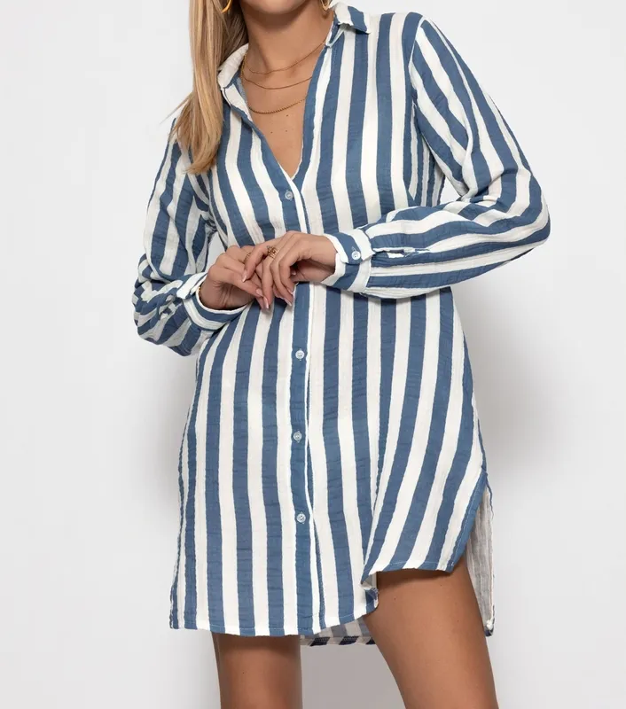 Denim Blue Off White Striped Midi Dress