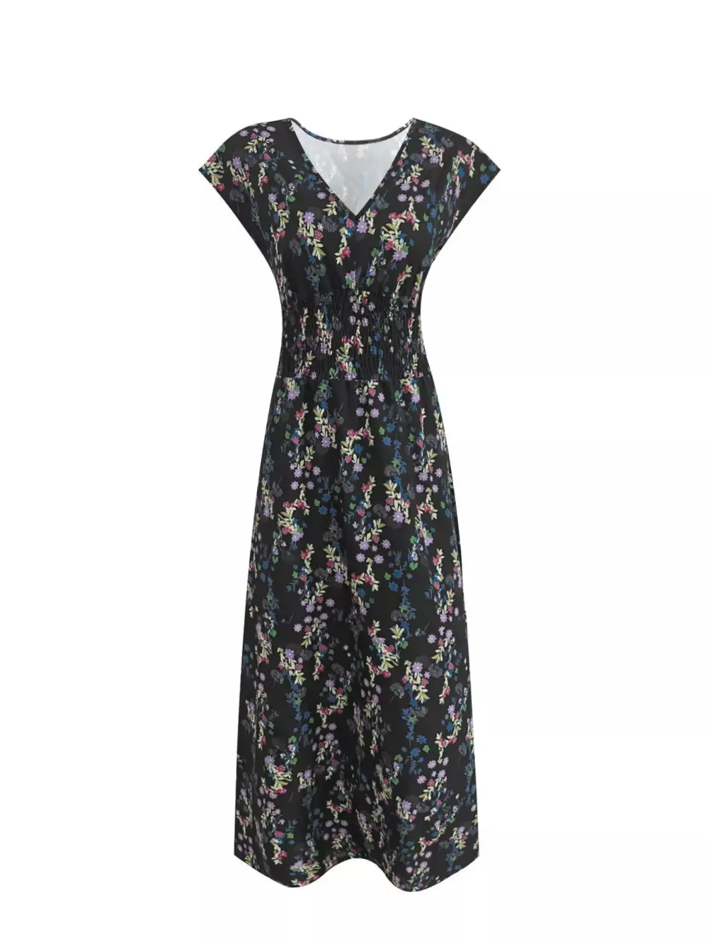 Plus Size Floral V Neck Cap Sleeve Maxi Dress