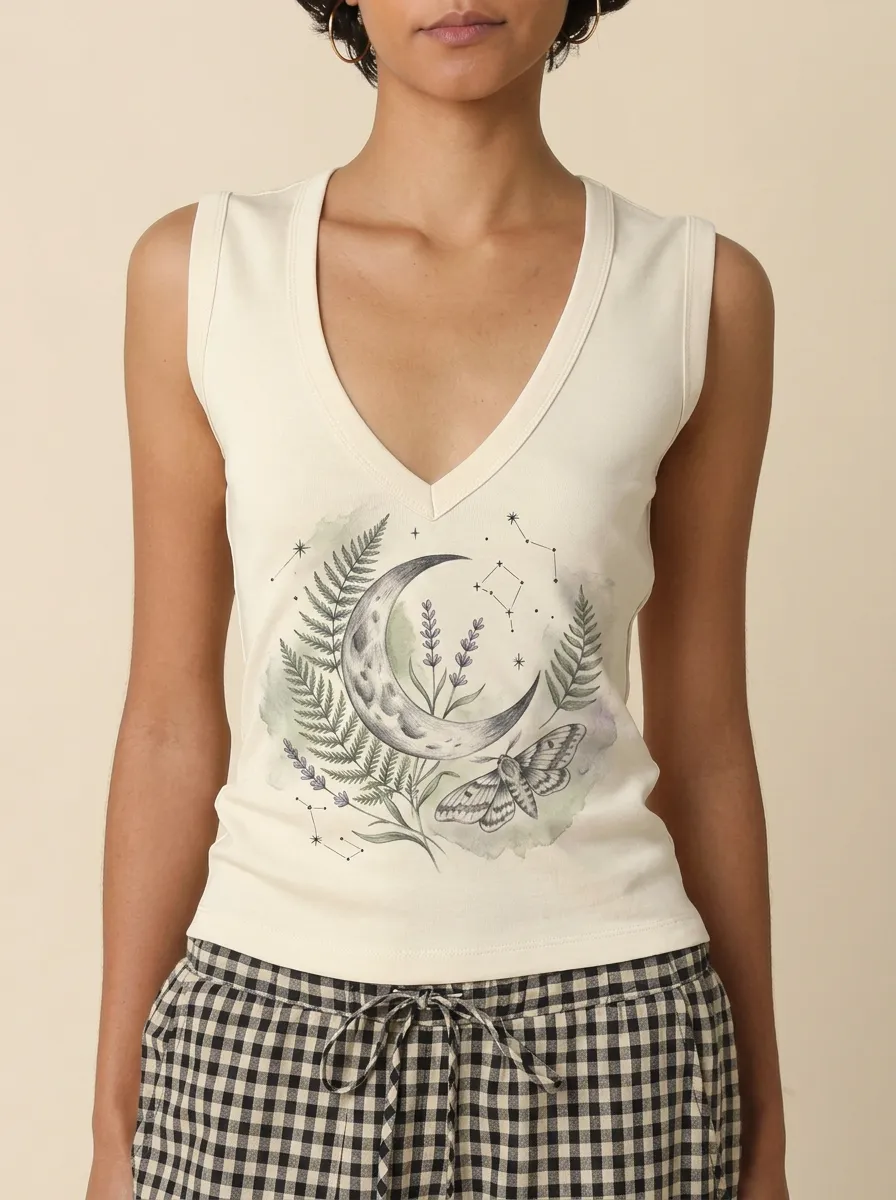 Women's Celestial Moth Fern Moon Printed Tank Top