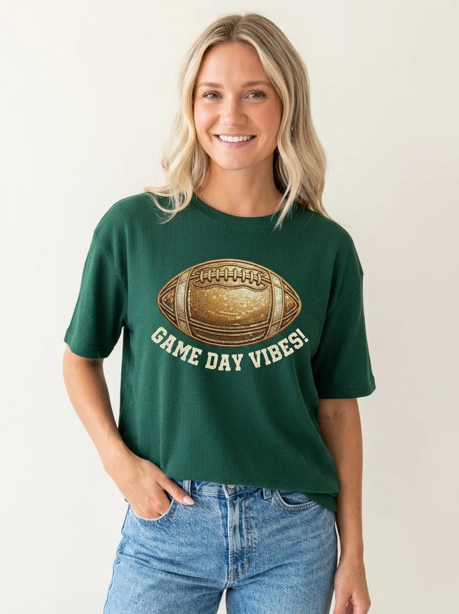 Women's Timeless Football Ball Sparkle Crew Neck Graphic T-Shirt
