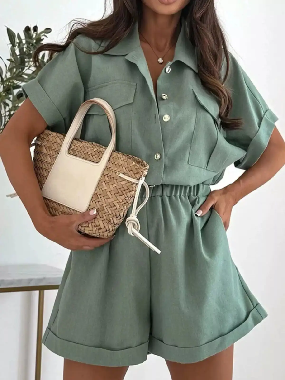 Button-Front Pocketed Shirt and Shorts Matching Set
