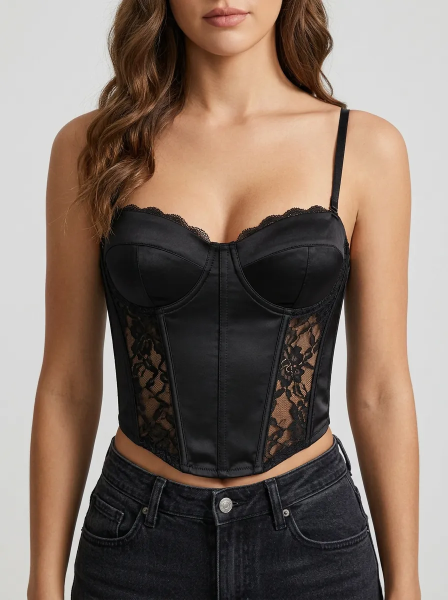 Floral-Lace Satin-Look Sheer-Panel Women's Corset Top
